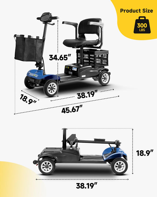 Measurement chart of a mobility scooter with dimensions and weight capacity displayed.