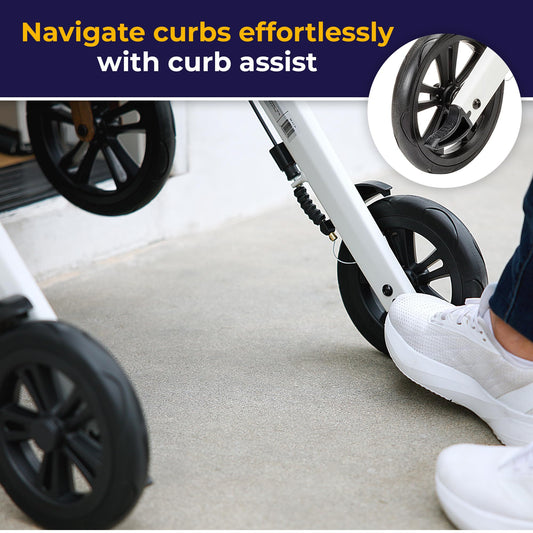 Walker with curb assist feature and close-up of wheel, text 'Navigate curbs effortlessly with curb assist'.