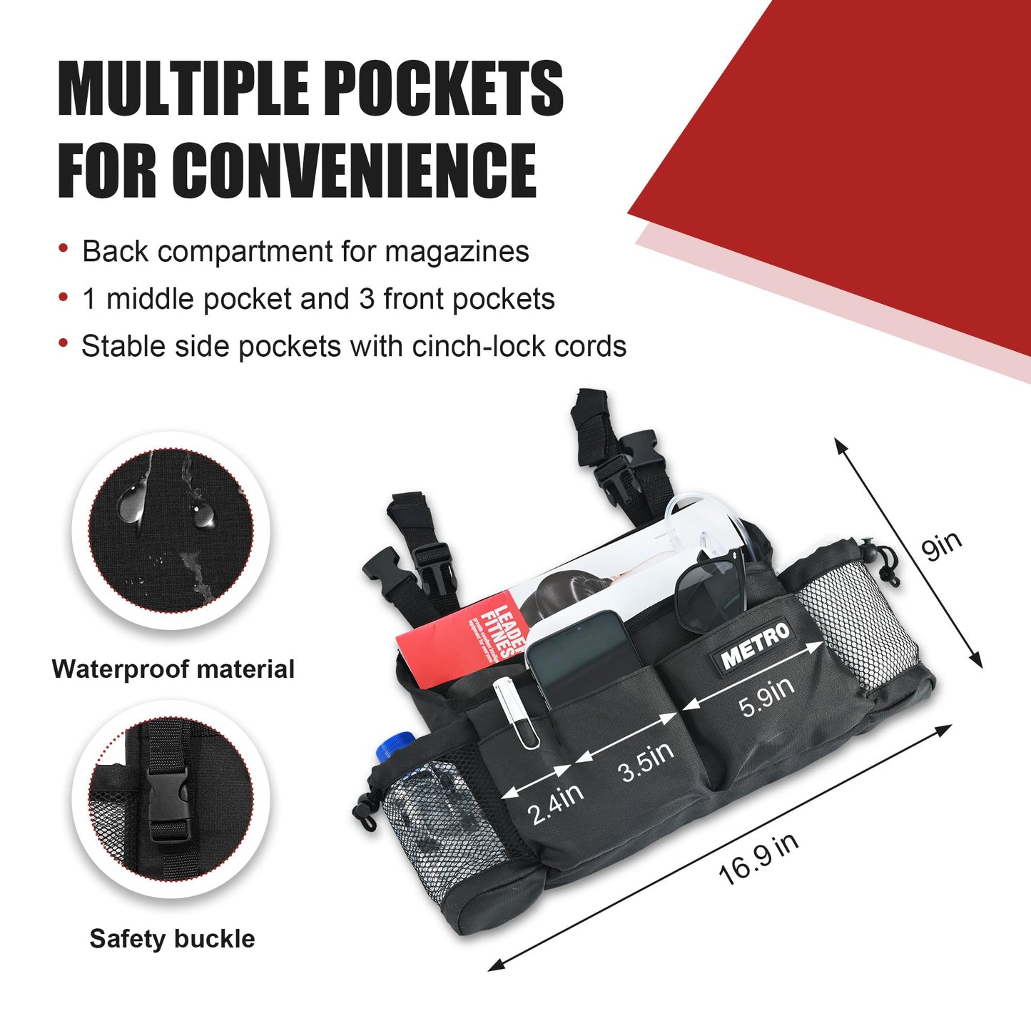 Multifunctional pouch with multiple pockets and measurements on a white background