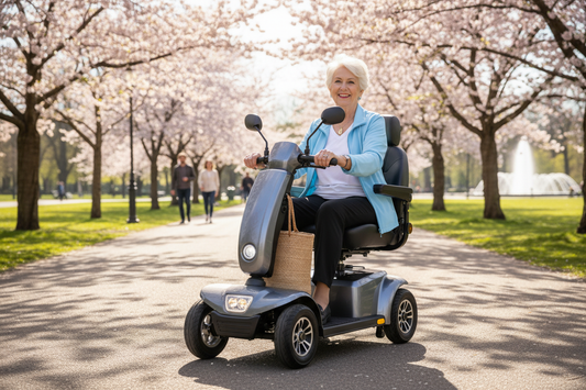 powered mobility scooter with female rider
