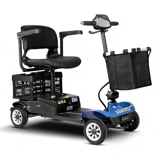 Blue and black mobility scooter with basket and bag on a white background