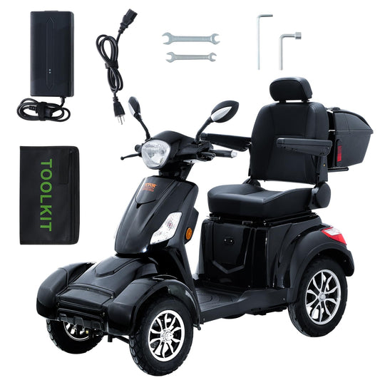 Black mobility scooter with accessories on a white background
