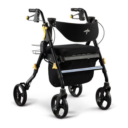 Black rollator with yellow accents on a white background
