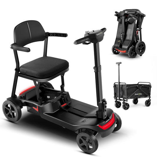 Black mobility scooter with seat and folded scooter with cart attachment on a white background