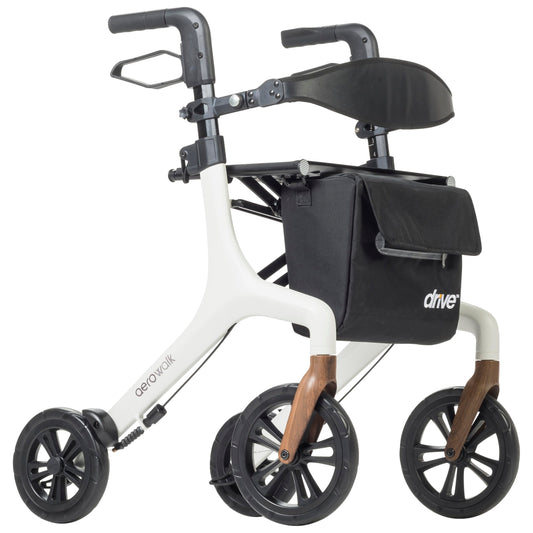 White rollator with black bag and brown wheels on a white background