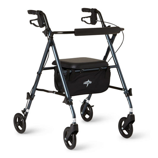 Black rollator with a bag on a white background