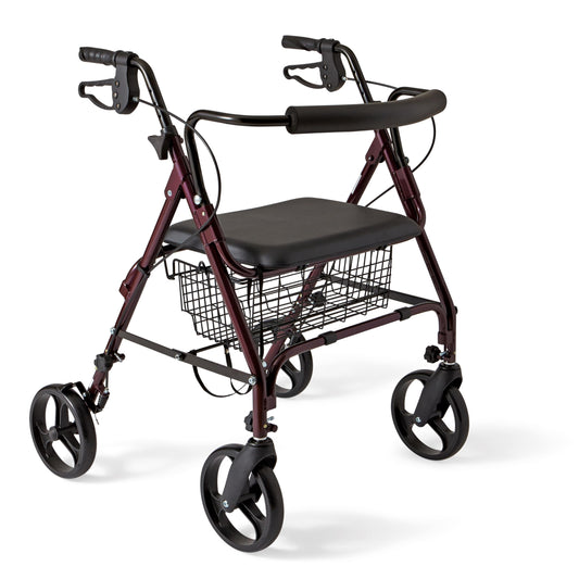 Rollator with a seat and basket on a white background