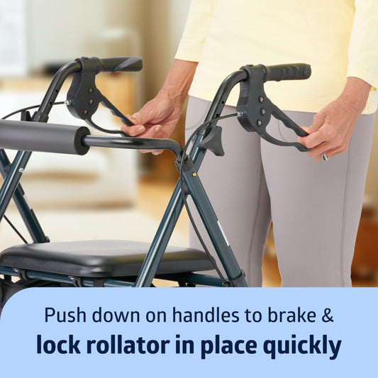 Person using a rollator with brake handles highlighted, blurred background