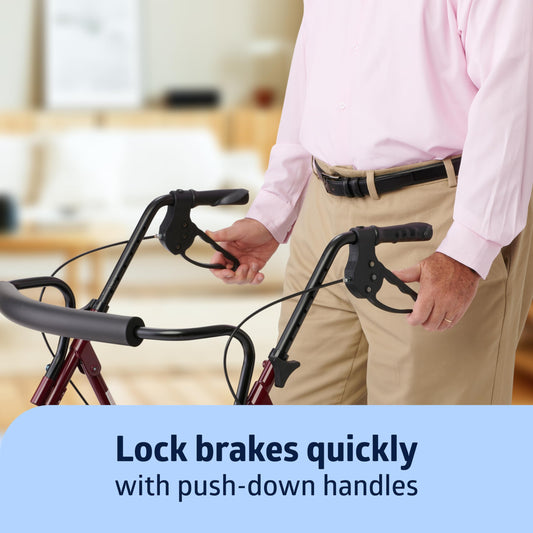 Person holding a walker with push-down handles and text 'Lock brakes quickly with push-down handles'.