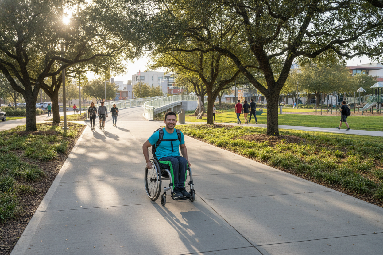 person in a wheelchair on a sidewalk